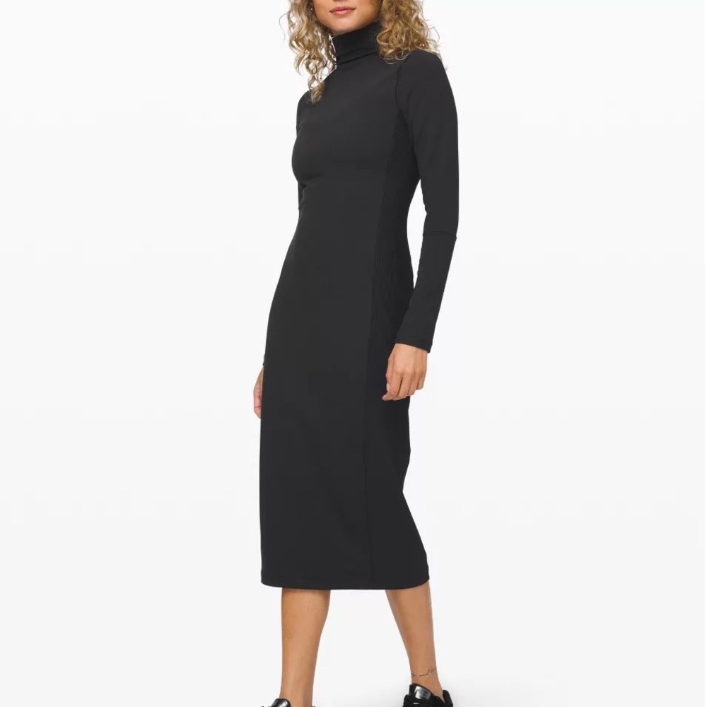 Lululemon‎ Its Rulu Mock Neck Dress Black Ribbed Long Sleeve Midi Dress Womens
